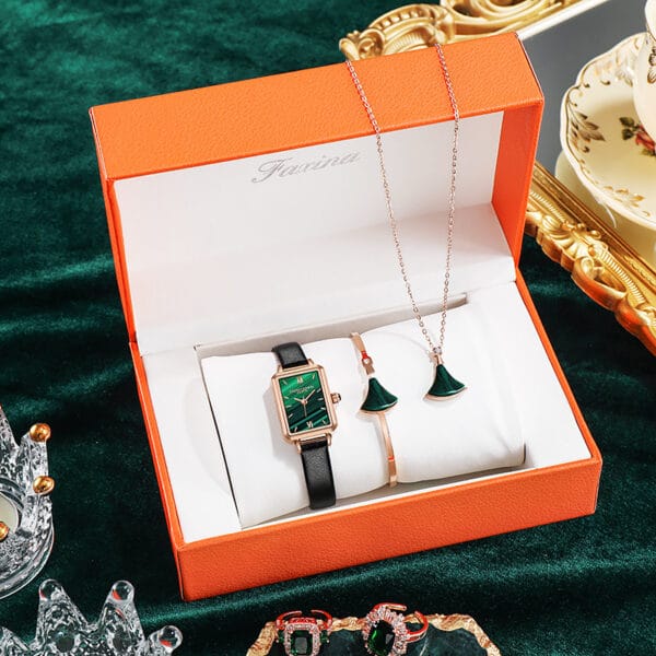 Coffret montre femme verte carrée - Élégance moderne